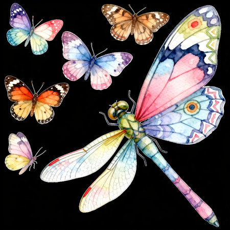 Watercolor illustration of dragonfly on a black background with butterflies.の素材
