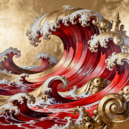 3d illustration of abstract background with waves in red and gold colorsの素材