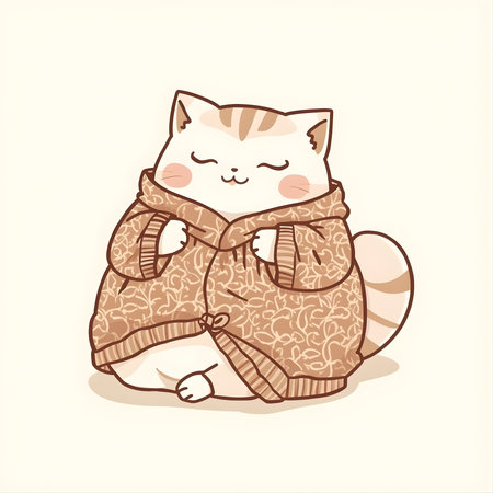 Cute cat in warm knitted scarf. Vector illustration in cartoon style.の素材