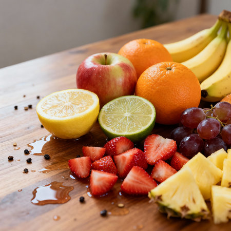 Fruit salad with strawberries, lemons, oranges and bananas on wooden tableの素材