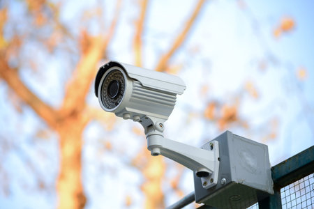 Security Camera CCTV over fence blue sky