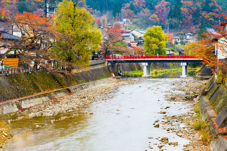 Red Nakabashi Bridge of Takayama in autumn season, Japanのeditorial素材