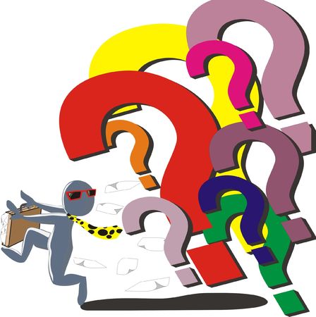 illustration of a man running away from question marksの写真素材