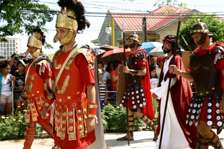 Cainta, Rizal, Philippines. March 29, 2013. Actors in a re-enactment of Christ's crucifixion and death. A tradition in the Philippines called "Senakulo" is held yearly every Holy Week.のeditorial素材