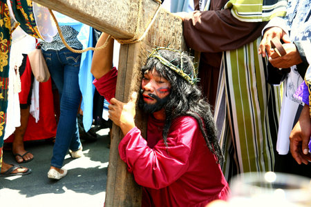 Catholic devotees reenact the death of jesus christ in cainta, rizal, philippines on good friday