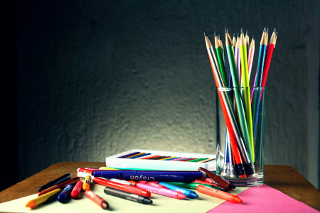 Different art materials on a table