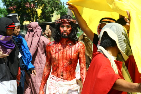 Cainta, Rizal, Philippines - April 3, 2015 - Reenactment of the Passion of Christ. Held on Good Friday as part of celebration of the Holy Week.のeditorial素材