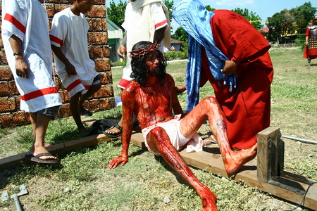 Cainta, Rizal, Philippines - April 3, 2015 - Reenactment of the Passion of Christ. Held on Good Friday as part of celebration of the Holy Week.のeditorial素材