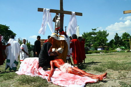 Cainta, Rizal, Philippines - April 3, 2015 - Reenactment of the Passion of Christ. Held on Good Friday as part of celebration of the Holy Week.のeditorial素材