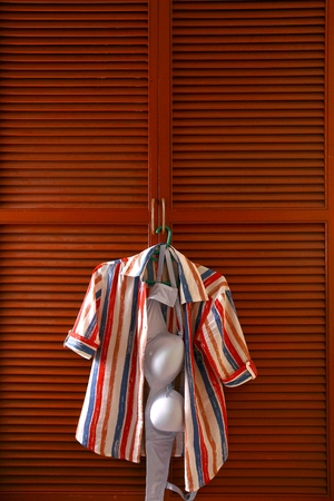 Blouse and bra hanging by a clothes cabinet doorの写真素材