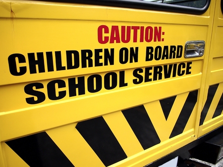 School bus door with signの写真素材