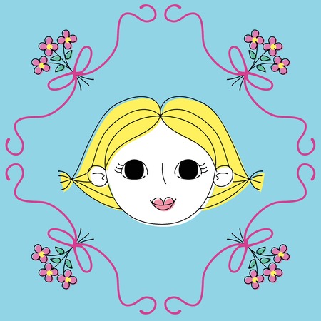 Girl with pigtail and three flowers tied in a pink ribbonのイラスト素材