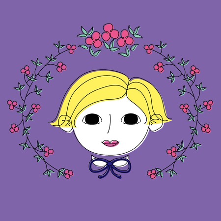 Short hair blond girl with blue ribbon and purple flowersのイラスト素材