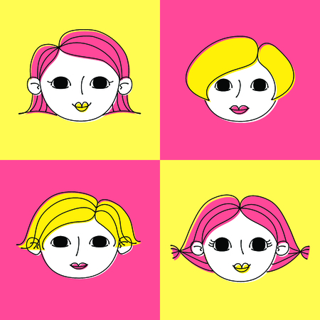 It faces in four different styles drawn with pen line and pop art colorのイラスト素材