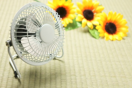 fan and sunflower on tatamiの写真素材