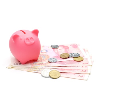piggy bank and chinese moneyの写真素材