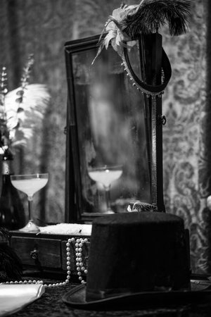 Getting Ready Before the Mirror (Black & White)の写真素材