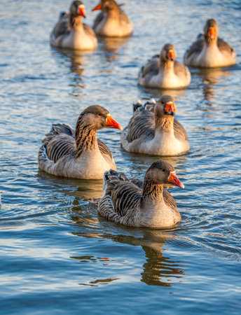 Group of Greylag Geese Swimming Peacefully in Sunlit Lakeの写真素材