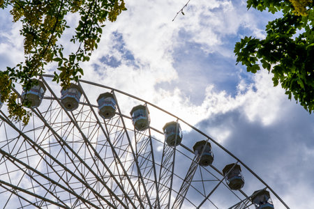 Ferris Wheel Framed by Tree Leaves Against a Dramatic Skyの写真素材