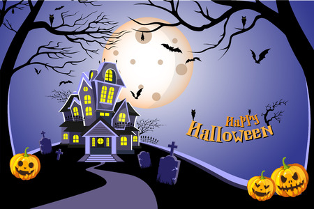 Haunted house Halloween background with tree, bat, tomb, tombstone, and pumpkin.のイラスト素材