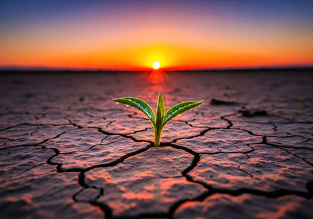 Hopeful seedling growing strongly in arid land at vibrant sunset landscapeの素材