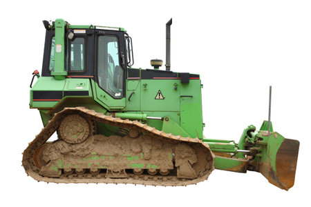 Green bulldozer isolated on white, with path.