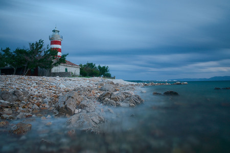 Lighthouse in the night in Kraljevica, Croatiaの写真素材
