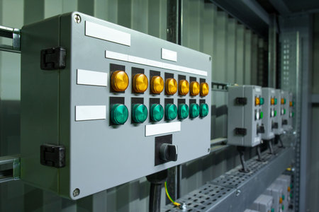 Control panel with green and orange signalization on the ex protected box with white blank tables