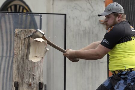 17 of October 2019, Editorial photo of Martin Rousal Standing Block Chop, Stihl Timbersport show, Hejnice Czech Republicのeditorial素材