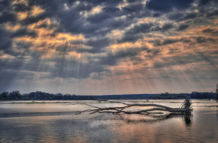 Colored sky with sunrays durning sunset with river and stump, Poland