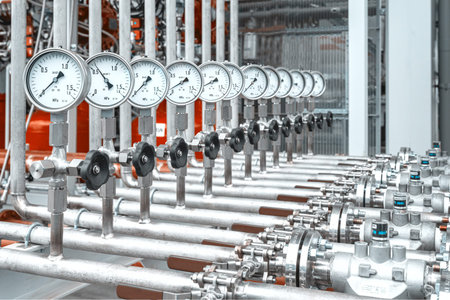 The new manometers with new valves installed in a stainless steel pipeline