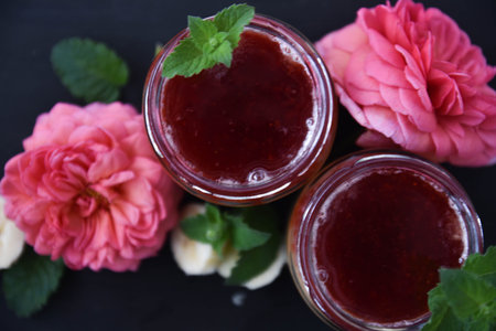 desert chia pudding. tea rose with banana. art soft focus