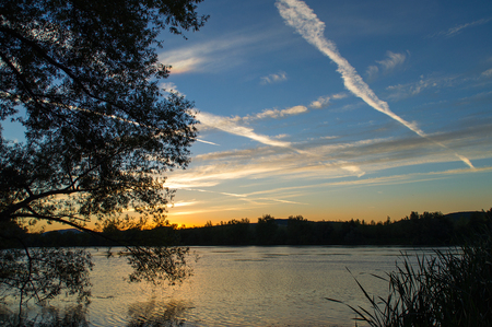 Reflection on the lake after sunsetの写真素材