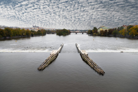 View of the Vltava river in Prague in autumn during vacation.の写真素材