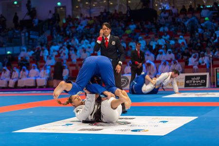 ABU DHABI, UAE - APRIL 19, 2016: ABU DHABI WORLD PROFESSIONAL JIU-JITSU CHAMPIONSHIP 2016 in the IPIC ARENA. Female fighters with brown belts on the mat. Referee next to them.のeditorial素材