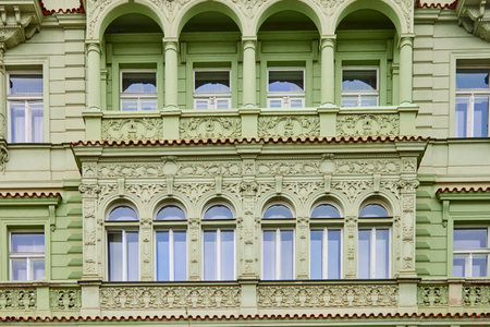 Green facade of czech architecture in Prague.の写真素材