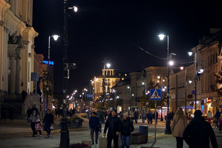 Walking street in Warsaw at night, Poland.のeditorial素材