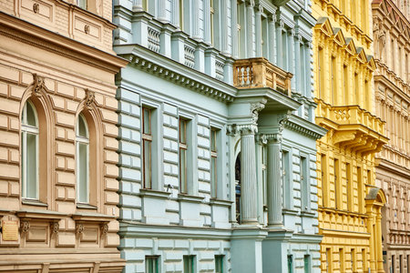 Colorful facades of historical buildings in Prague.の写真素材