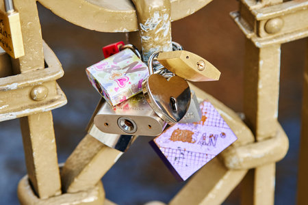 Various love padlocks on the bridge in Prague.の写真素材