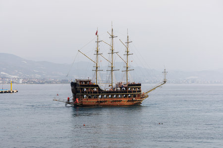 Turkish pirate old ship with tourists in Alanya, Turkey.の写真素材