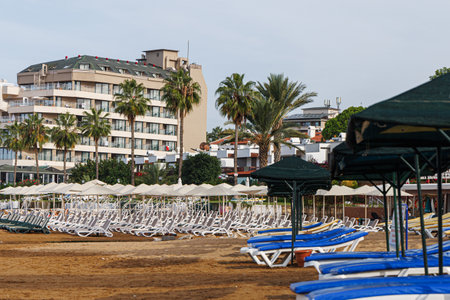 Nobody on the beach and empty sun loungers in Avsallar, Alanya, Turkey.の写真素材