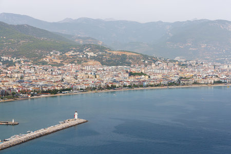 Entrance to Alanya port, breakwater and lighthouses.の写真素材