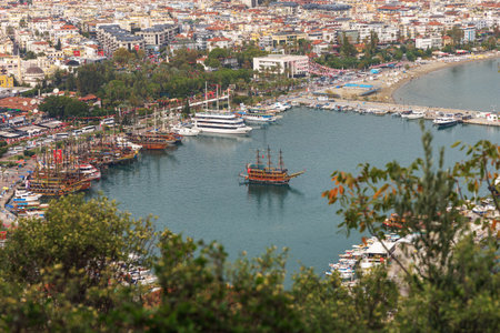 Pirate tourist ship anchored in Alanya bay, Turkey.の写真素材