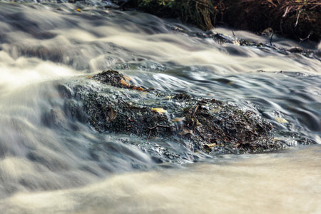 Water flows over stones in the forest, long exposure.の写真素材