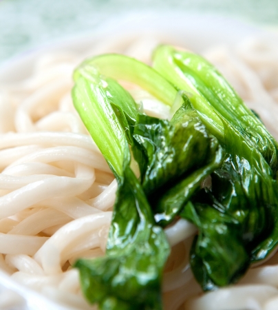 Japanese udon with steamed baby bokchoi, an oriental vegetableの写真素材