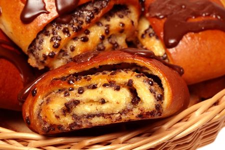 Chocolate rolls in the basket close-up.の写真素材