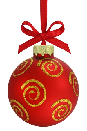  Christmas ball, hanging from a ribbon, isolated on the white backgroundの写真素材