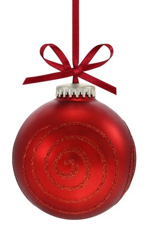  Christmas ball, hanging from a ribbon, isolated on the white backgroundの写真素材