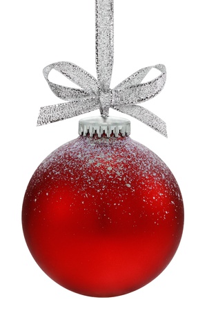  Christmas ball, hanging from a ribbon, isolated on the white backgroundの写真素材