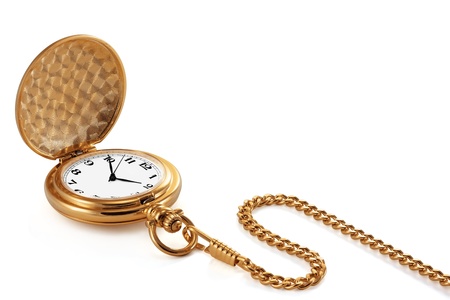 Gold pocket watch and chain, isolated on the white background, clipping Path included.の写真素材
